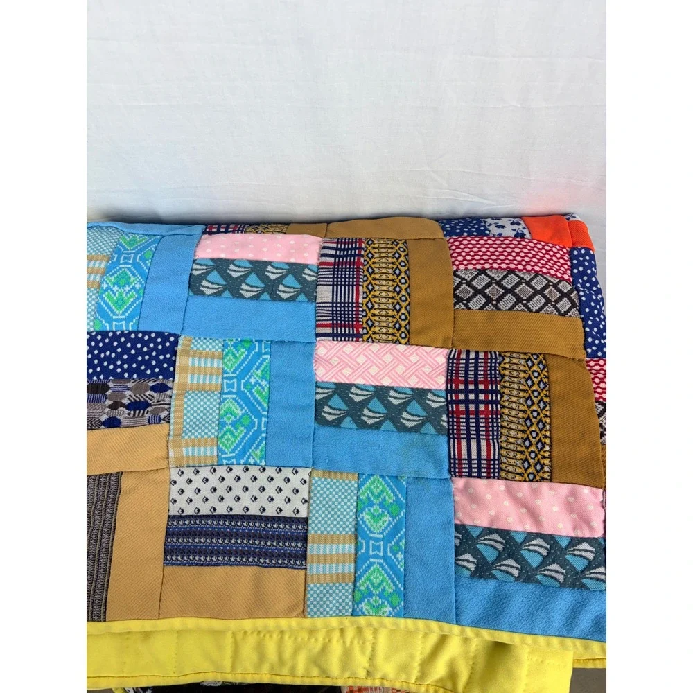 Vintage Handmade Patchwork Quilt Rainbow Polyester Double Knit 70s Retro 68x82